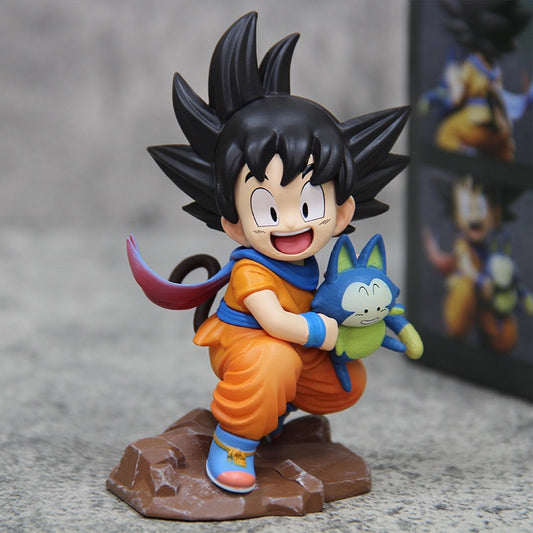 +1 Anime Dragon Ball Chibi Style Young Goku Holding Puar Scene Car Dashboard Ornament Anime Figure Collectible Toy