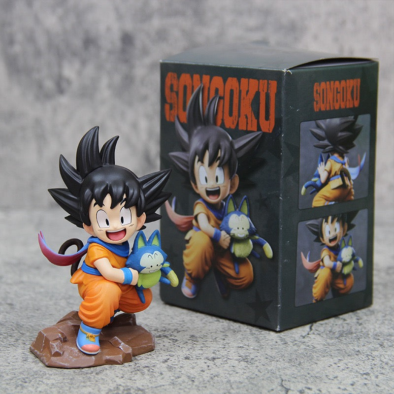 +1 Anime Dragon Ball Chibi Style Young Goku Holding Puar Scene Car Dashboard Ornament Anime Figure Collectible Toy