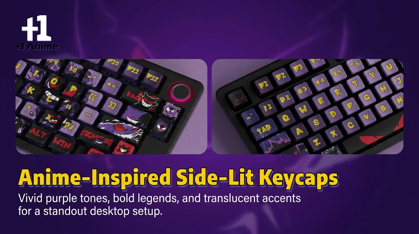 +1 Anime Gengar Ghost Anime Side-Lit Keycap Set – 122-Key PBT + PC Translucent Keycaps for Mechanical Keyboards