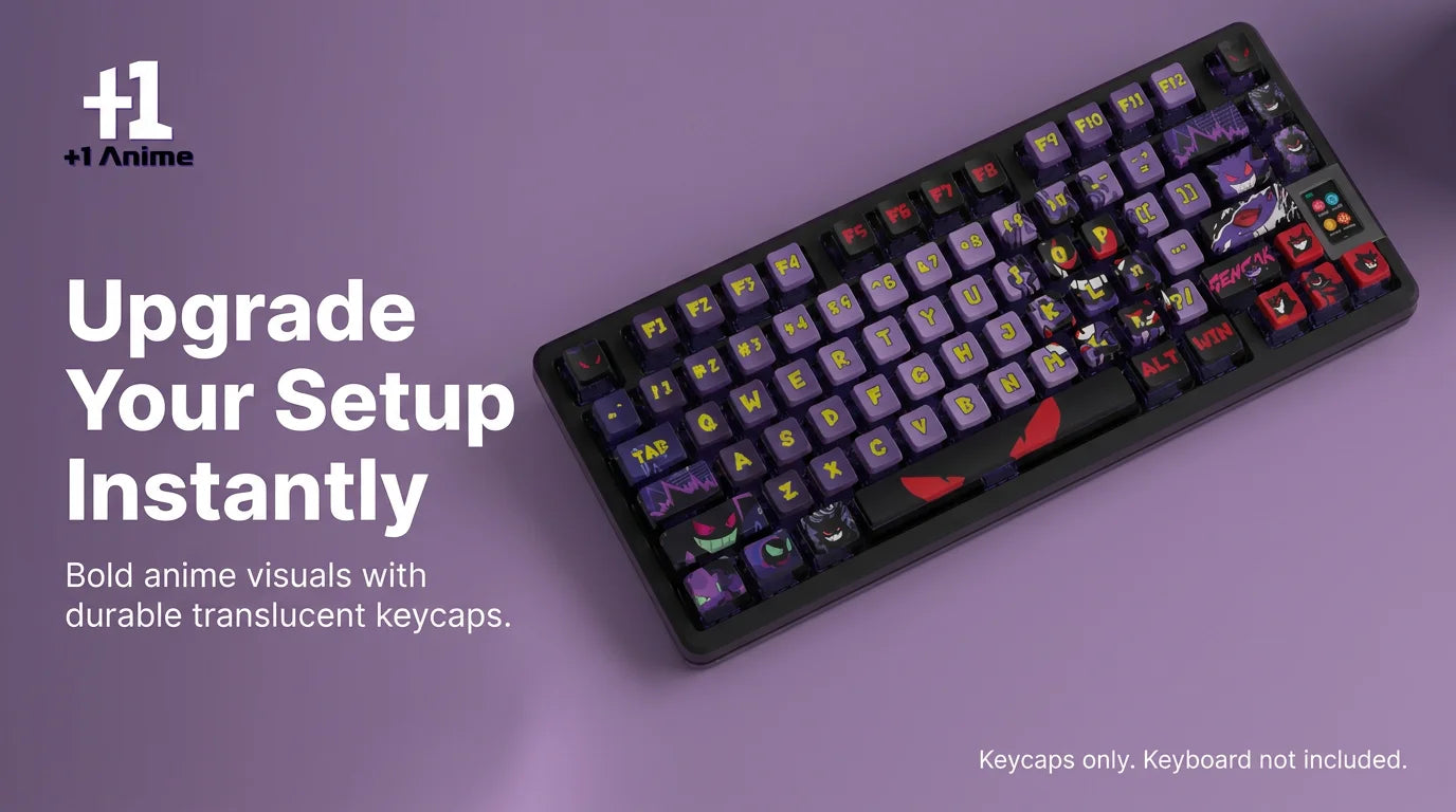 +1 Anime Gengar Ghost Anime Side-Lit Keycap Set – 122-Key PBT + PC Translucent Keycaps for Mechanical Keyboards