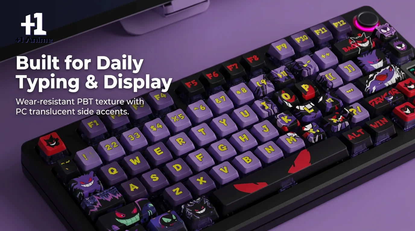 +1 Anime Gengar Ghost Anime Side-Lit Keycap Set – 122-Key PBT + PC Translucent Keycaps for Mechanical Keyboards
