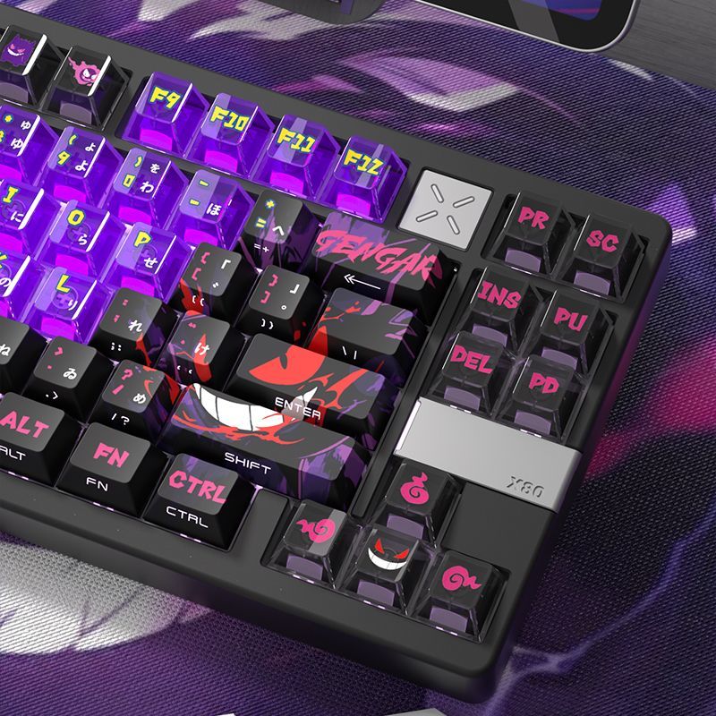 +1 Anime Gengar Ghost Anime Side-Lit Keycap Set – 122-Key PBT + PC Translucent Keycaps for Mechanical Keyboards
