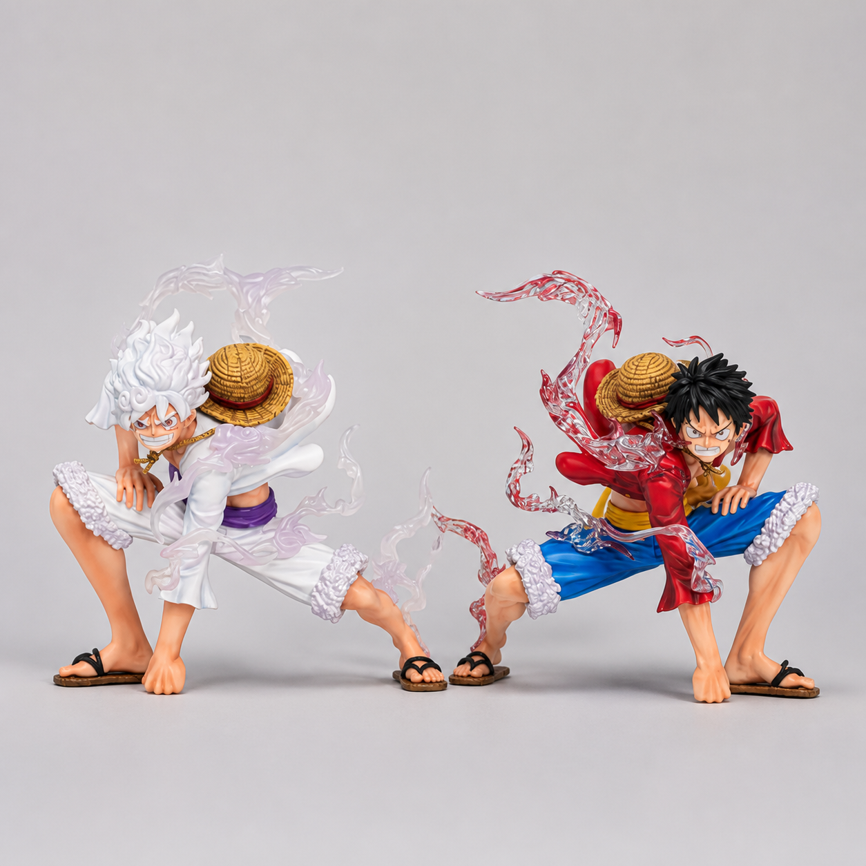 Luffy crouching desk figure white-hair and red-jacket versions