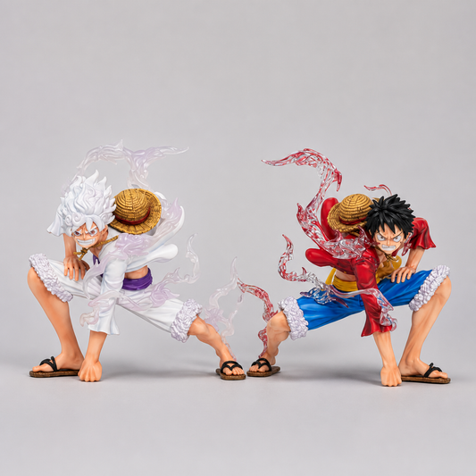 Luffy crouching desk figure white-hair and red-jacket versions