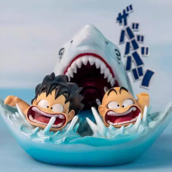 +1 Anime Panic in Paradise! 🦈 The Iconic Goku & Krillin Shark Chase Diorama Ornament/Little gift Blue&White 手办模型
